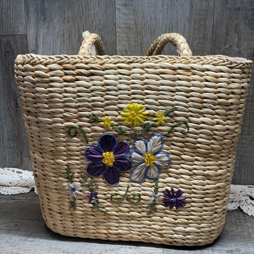 Xhilaration Corn Husk Lavender Lined Tote Bag Light  Purple Yellow Flowers